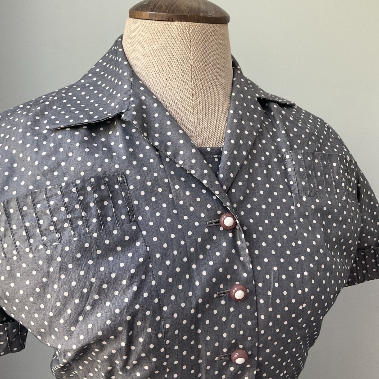 VTG 1950s MINX MODES Gray Polka Dot Dress Jacket 2-Piece 26 Inch Waist