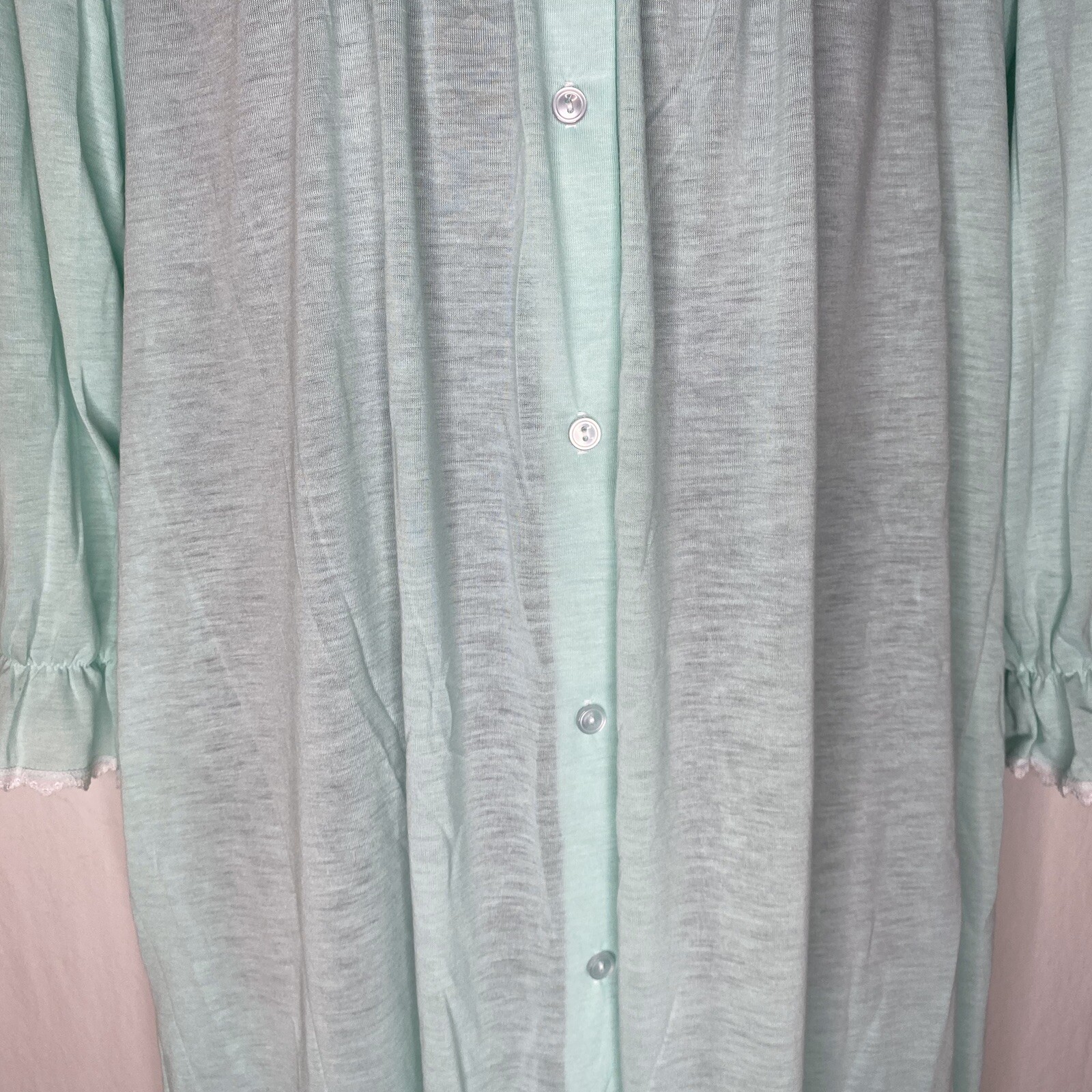 Cinejour Nightgown Ruffles Button Up Long Sleeve M USA Polyester Mint Green