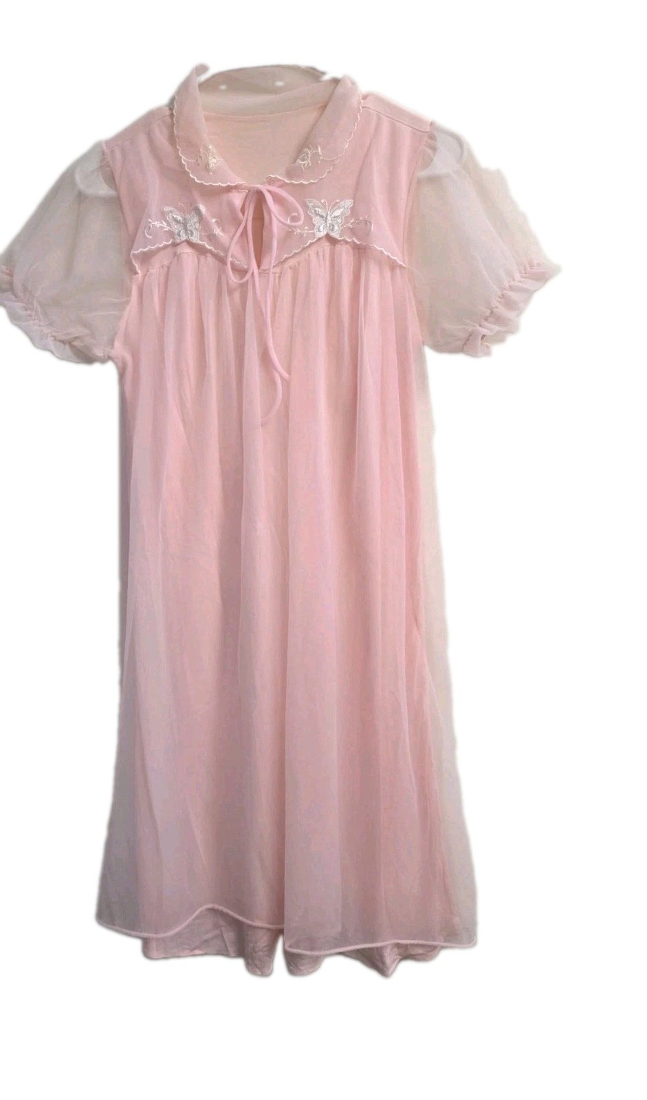 Vintage 60s Pink Chiffon Embroidered Nightgown Lingerie Dress Sz Small