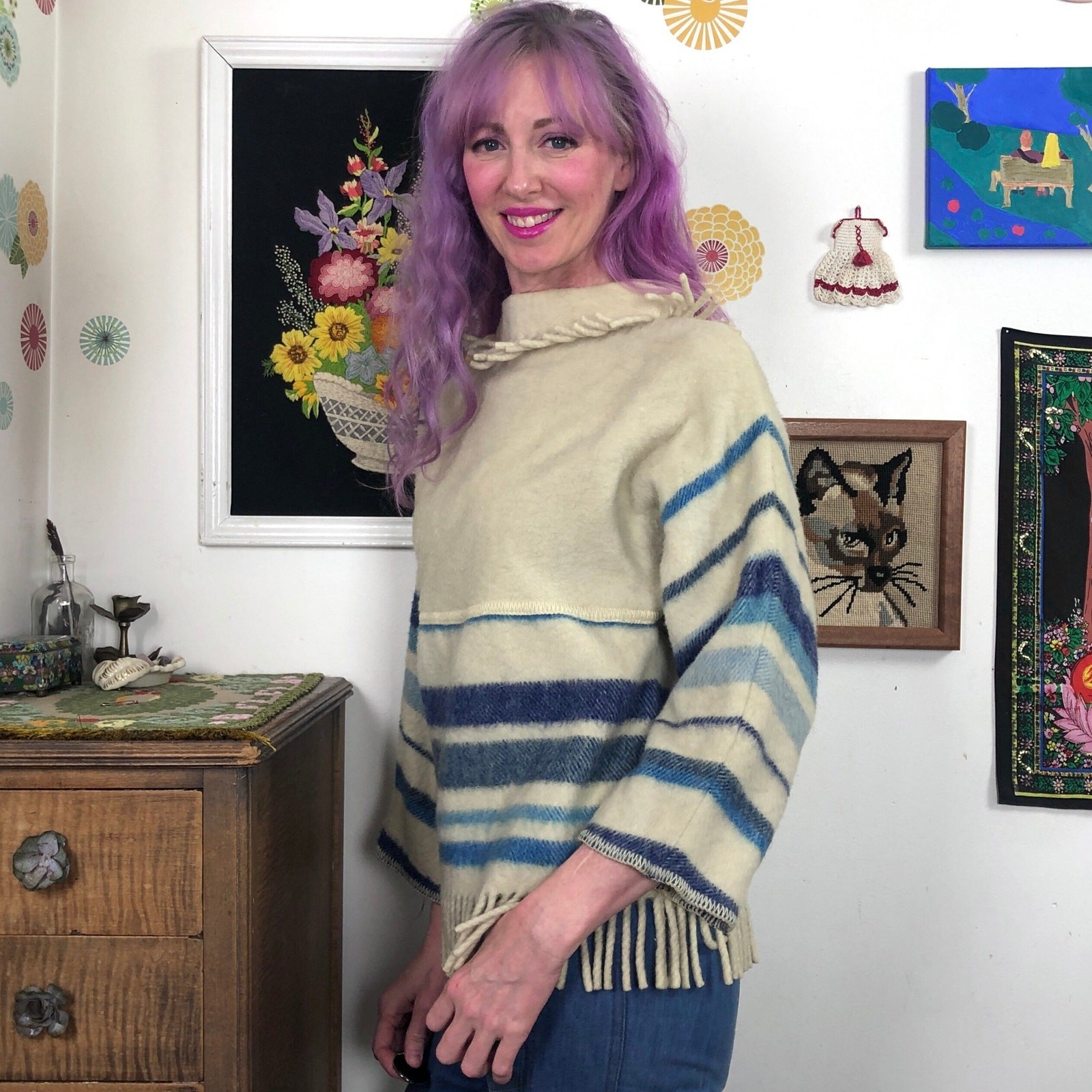 Vintage Lapp Lander Blanket Sweater, 70s Cream & Blue Fringed Wool Mockneck Sz S