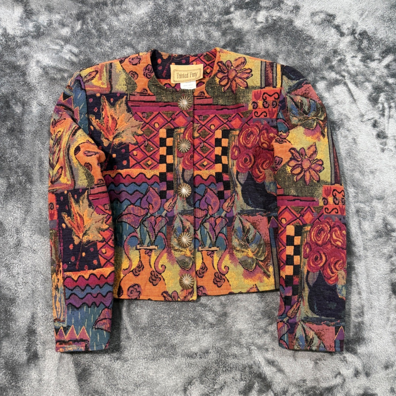 Painted Pony Vintage Tapestry Jacket Southwestern Floral Sunburst Button Medium