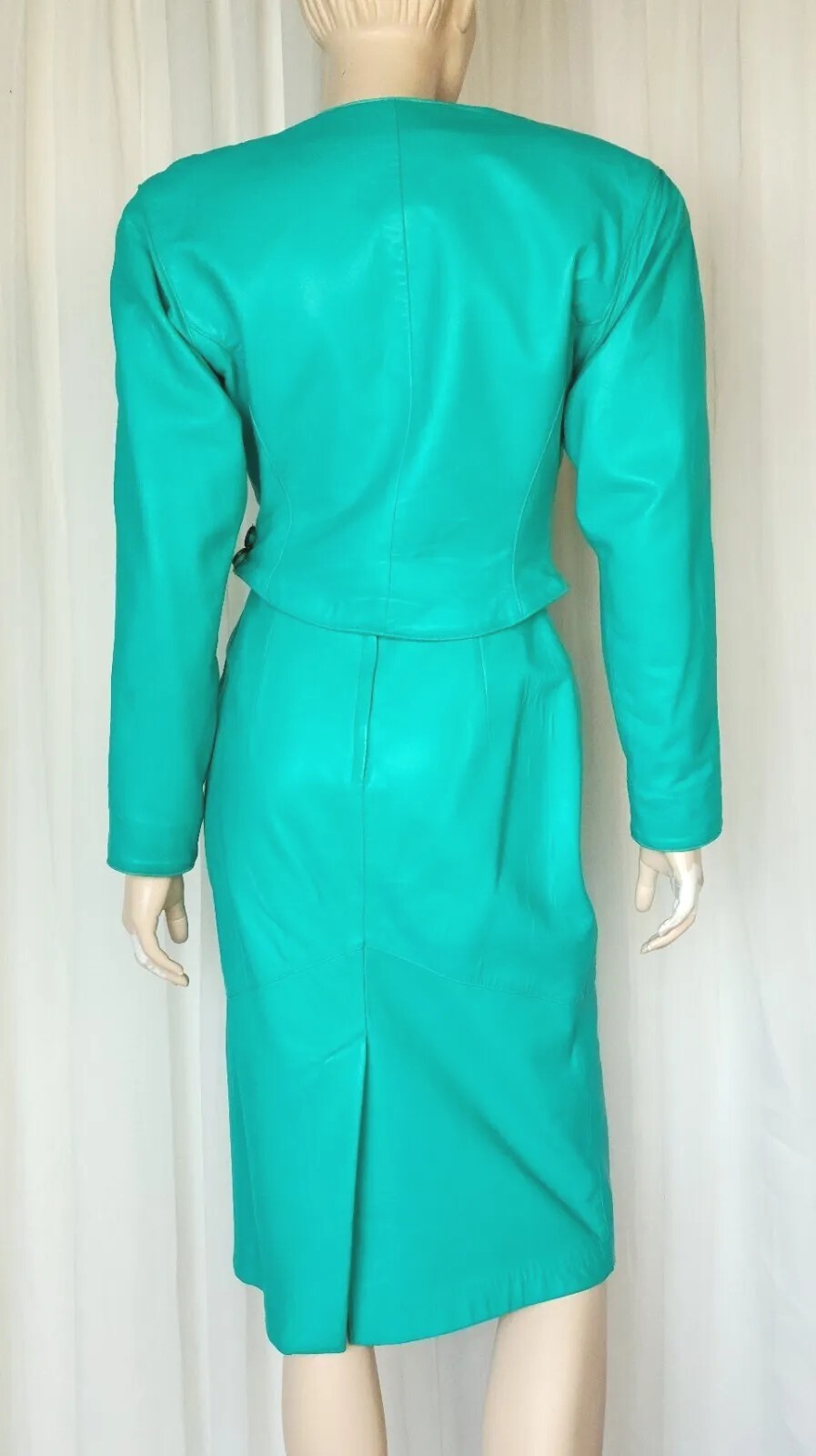 Vtg 80s Rumors n Gossip 2pc Leather Blazer & Skirt Suit Set aquamarine S/M