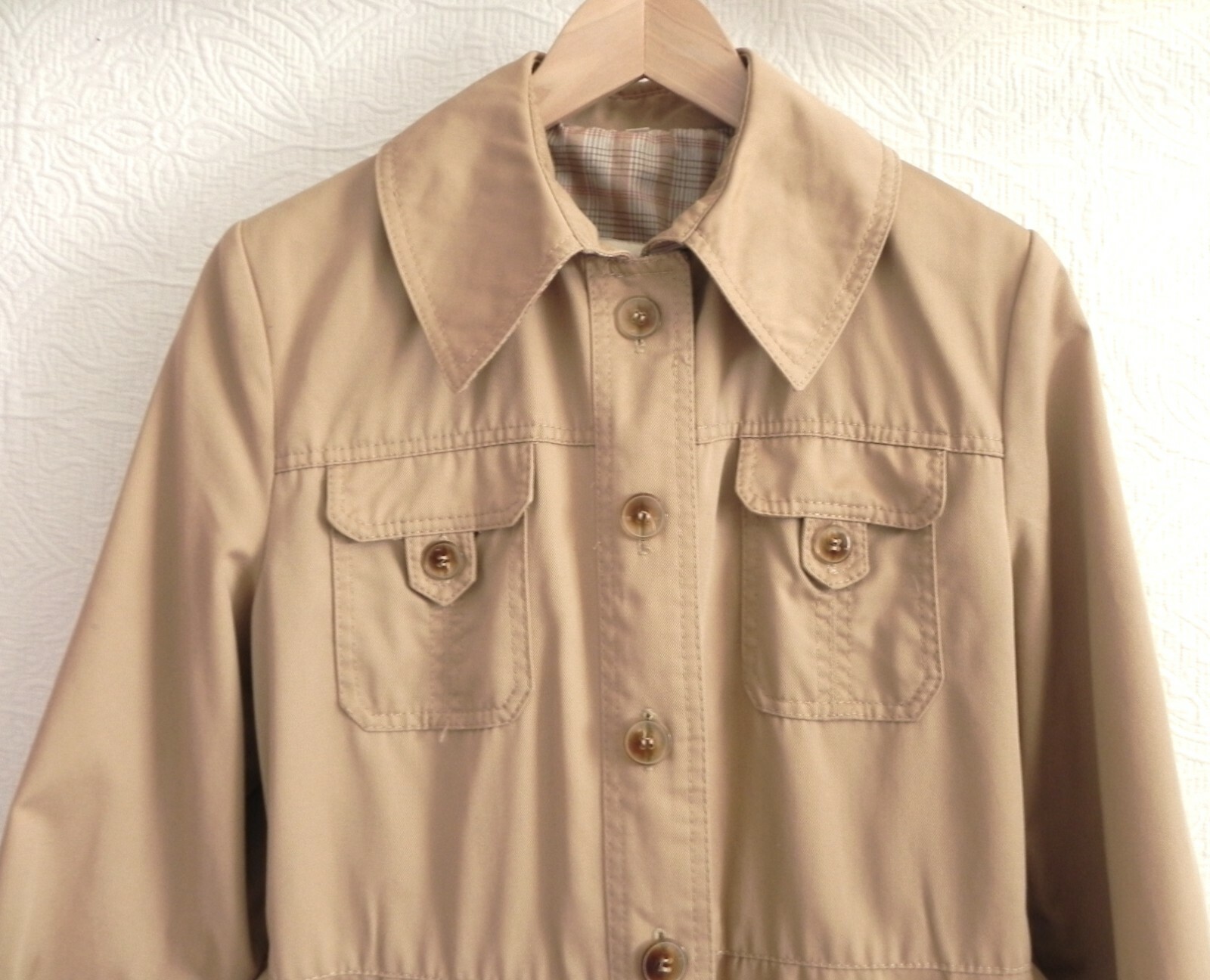 Vtg Made in Japan Trench Coat Khaki Midi Belted Pockets Cotton Blend Size S