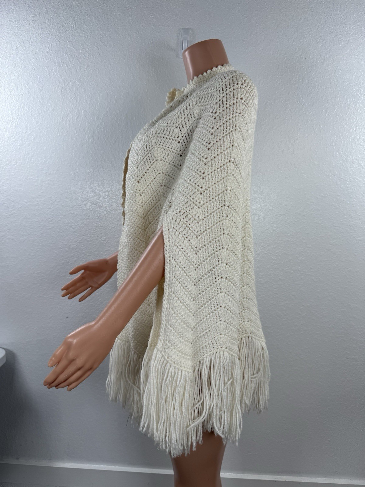 70s Vintage Crochet Off White Poncho Shawl Handmade Knit Wrap Boho Crocheted