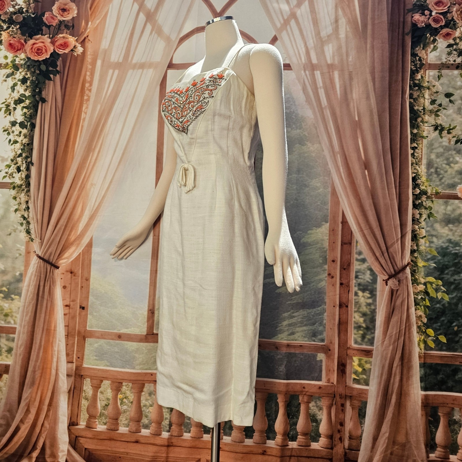 Vintage 1960’s Dress Shift Mod Cream Orange Beads and Rhinestone Embroidered