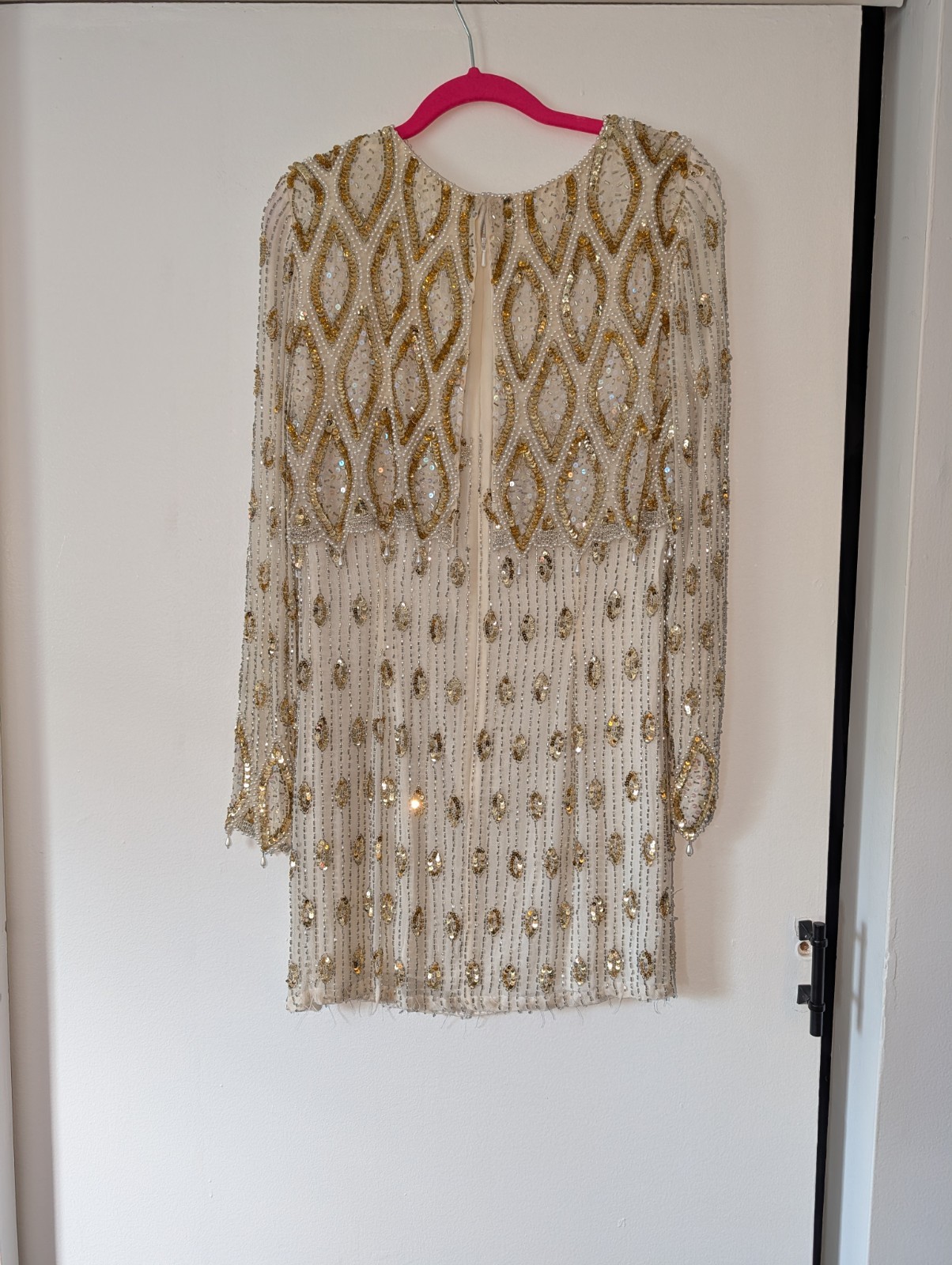 Vintage Niteline Della Roufogali Silk Beaded Sequin Dress Gold Pearl Size 12