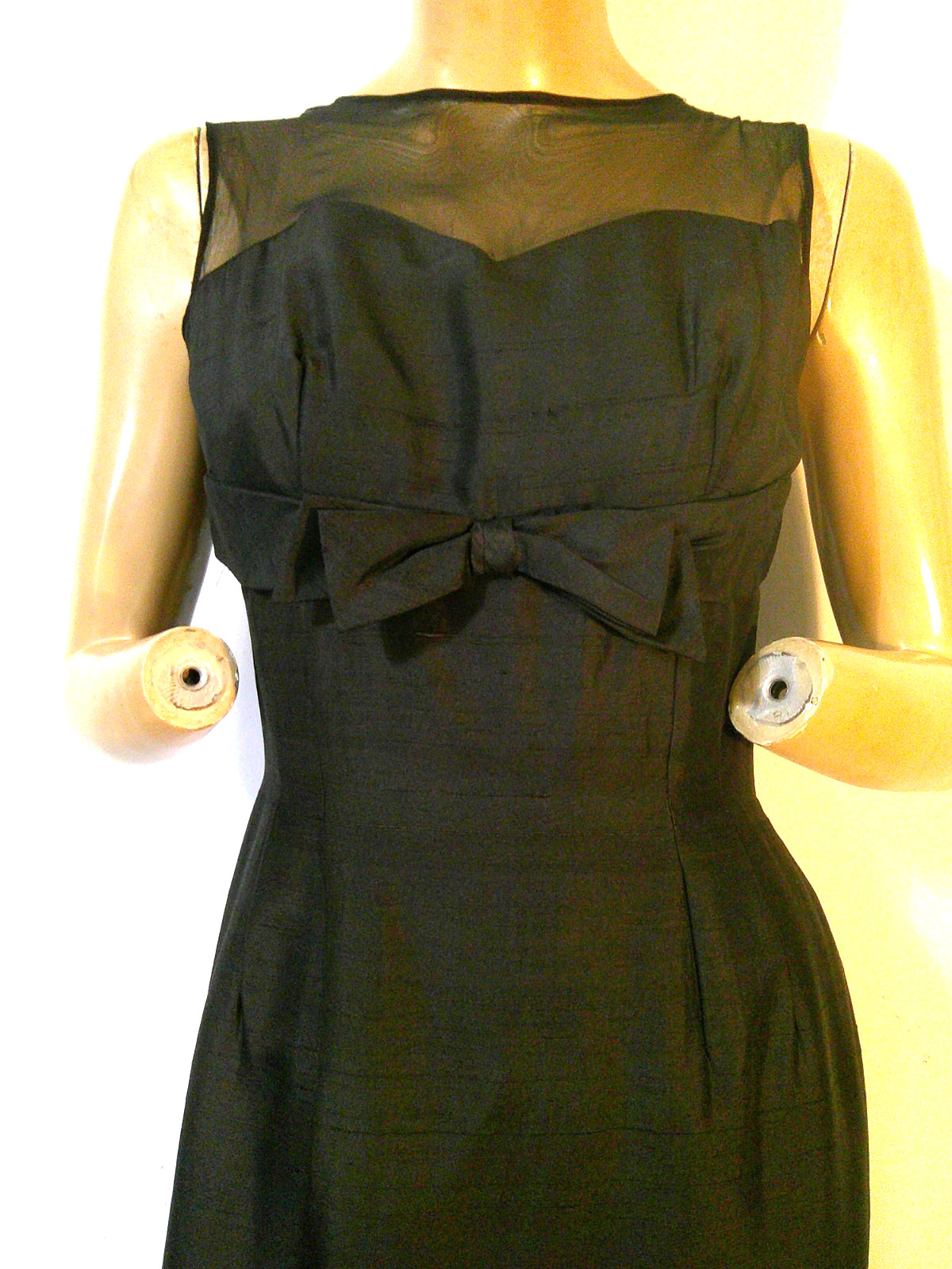 Vtg 50’s Black Raw Silk Illusion Wiggle Hourglass Pin Up Dress MINT 36-28-38