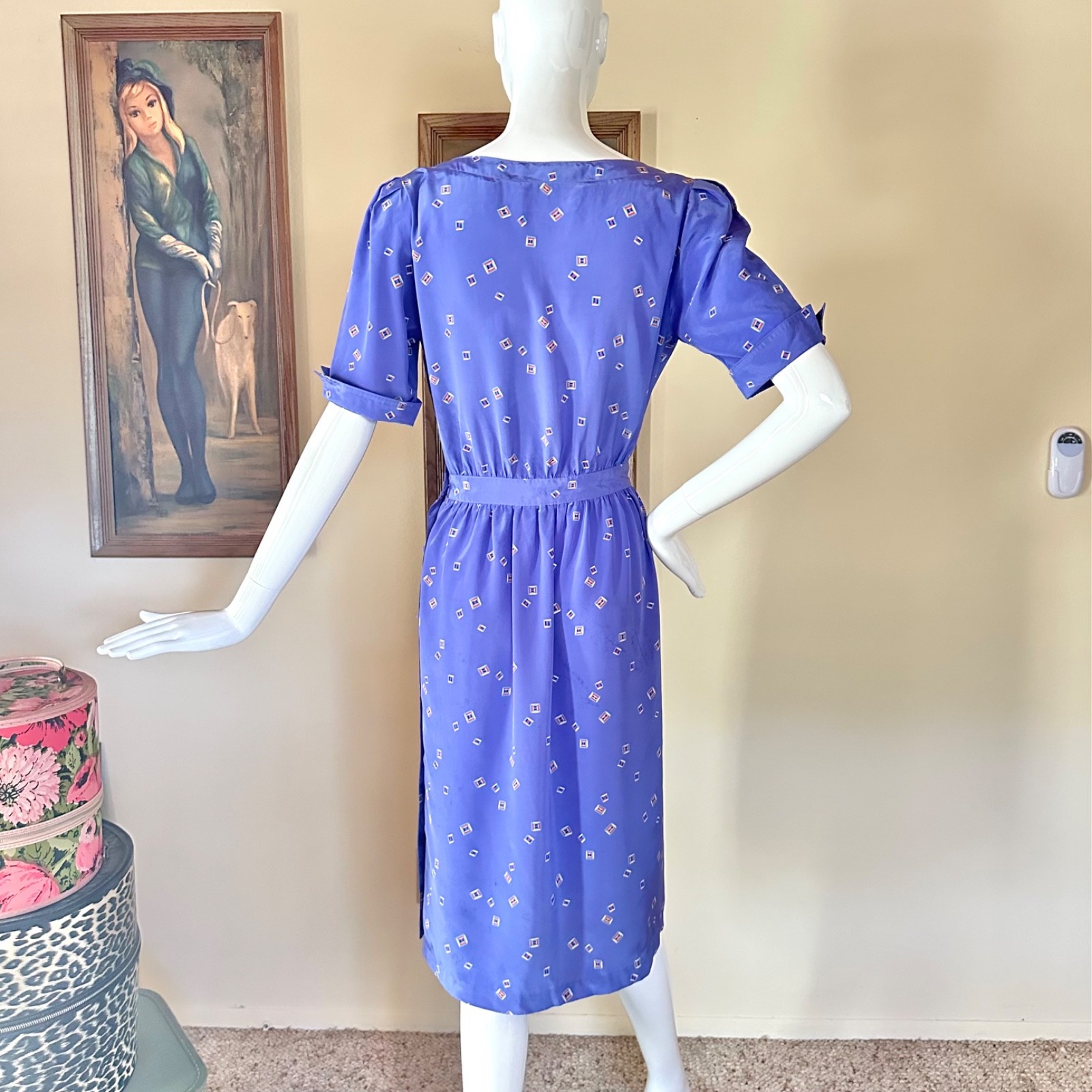 Vintage 1980s New Wave Squares Purple Secretary Day Dress Cute Button Side! S