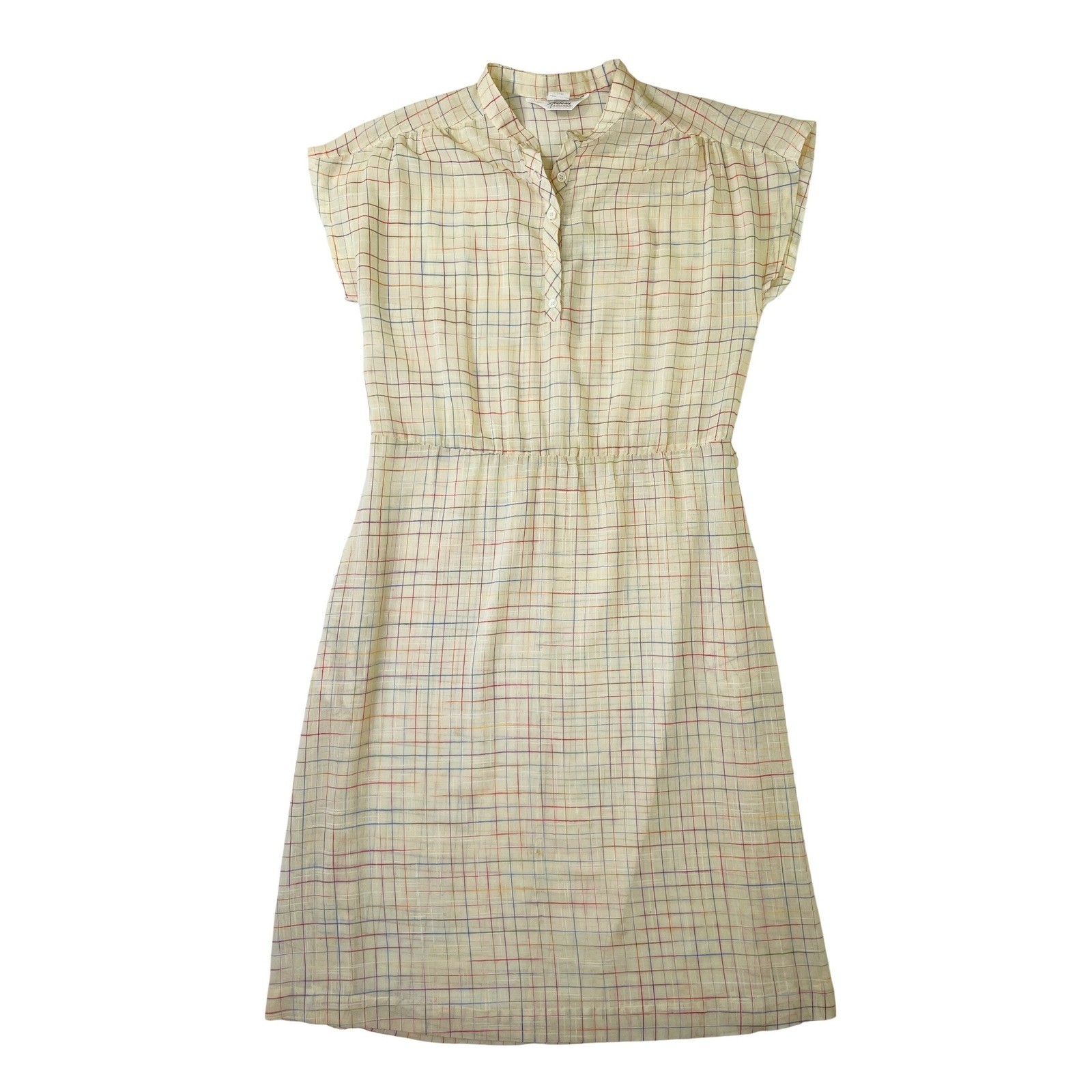 Vintage JCPenney Fashions Plaid Dress Cream Multi Color Cap Sleeve Size 15/16