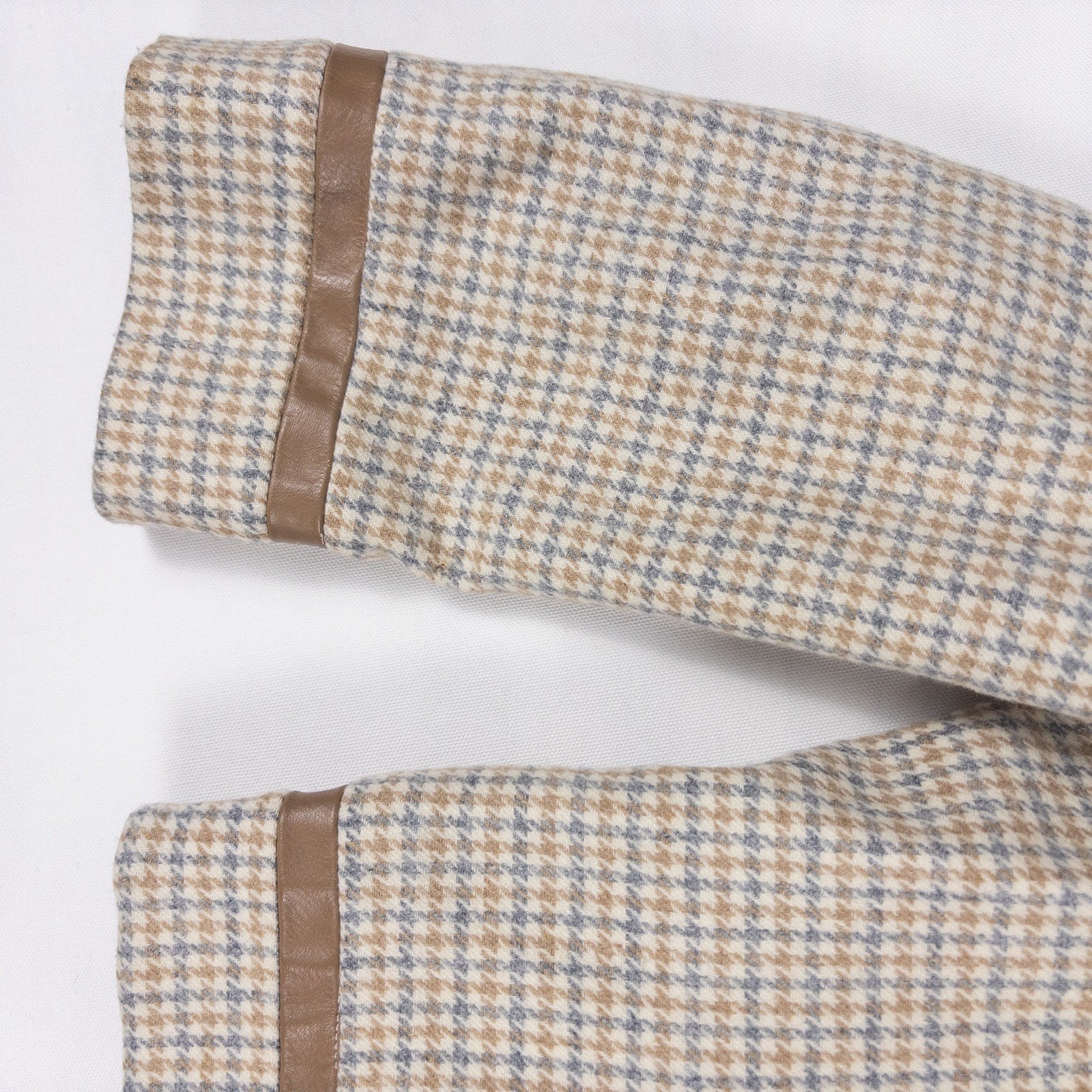 Pendleton Wool Jacket Womens Plus Tan Blue Houndstooth Leather Trim Vintage 80s