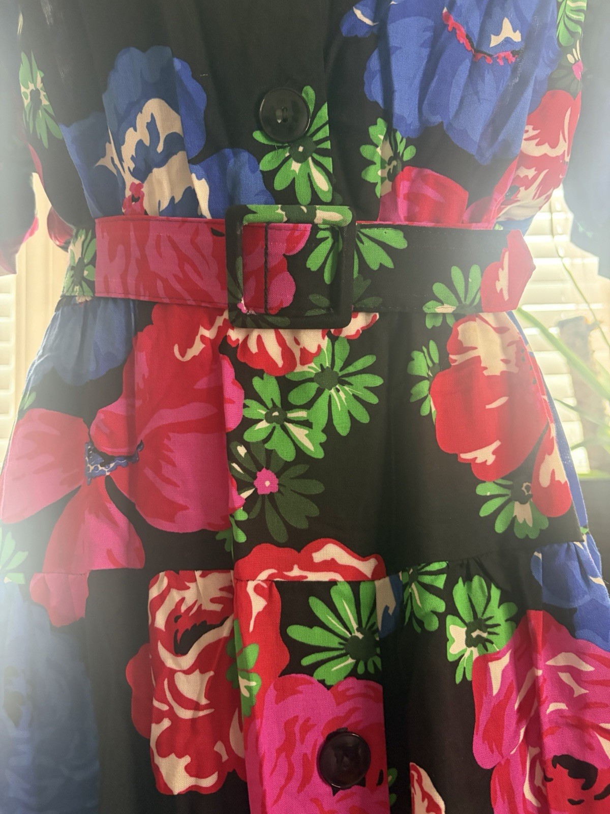 VTG Collared Floral Dress w Shoulder Pads, Buttons & Belt Made in USA Sz 13/14