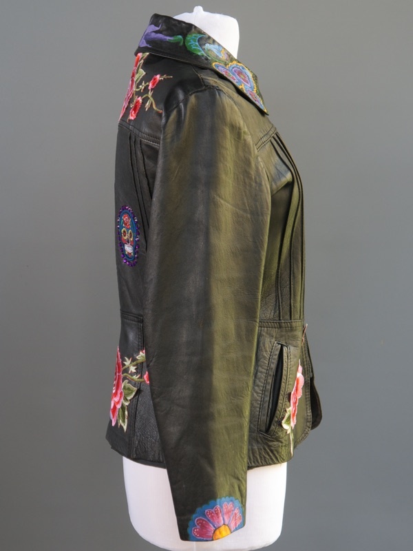 VTG Black Leather Jacket Mexican Day Of The Dead Applique Hand Painted S M