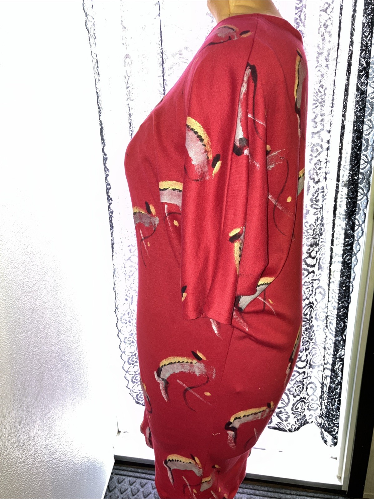 COSTUME Vintage 80s Red Batwing Dress Dolman Sleeve Drop Waist Pencil Skirt Size