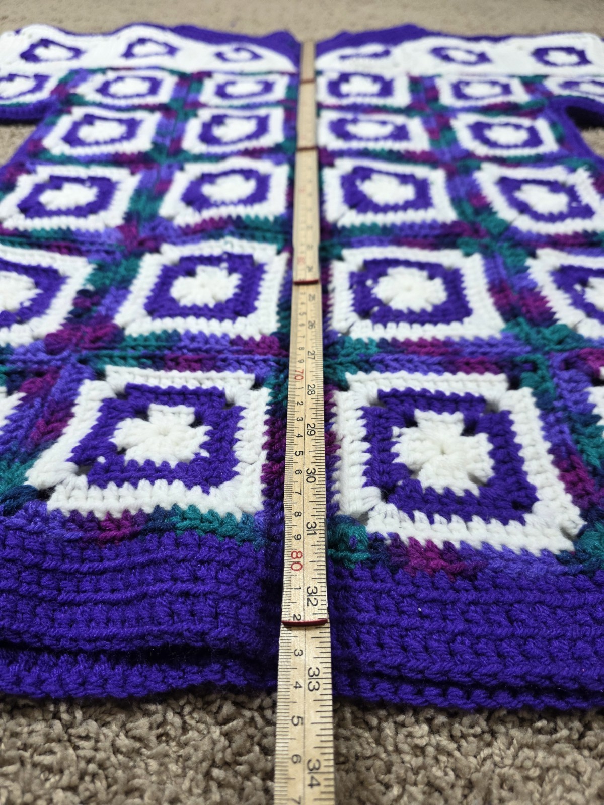 VTG. Handknit Dress Long Tunic Handmade Purple White Green Boho Hippie Size S