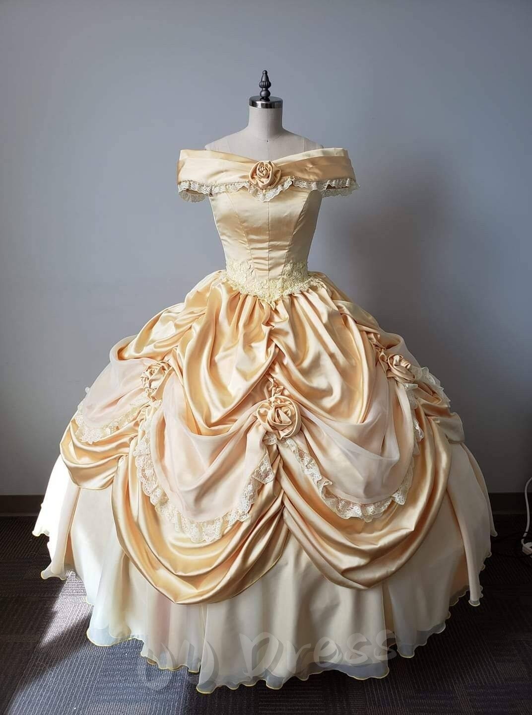 Champagne Satin Victorian Ball Gown Off Shoulder Lace Rose Applique Princess