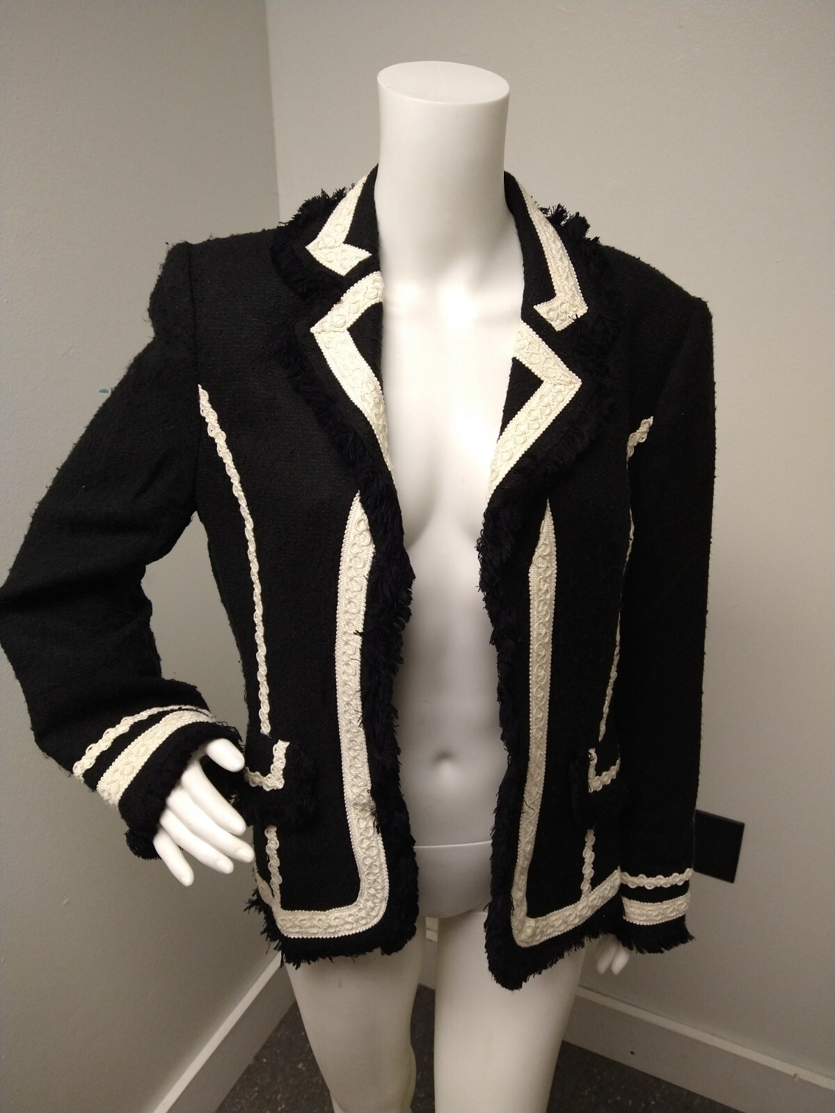 Giancarlo Ferrari Tweed Open Jacket/Blazer Womens 8 Black Fringe Career Vintage
