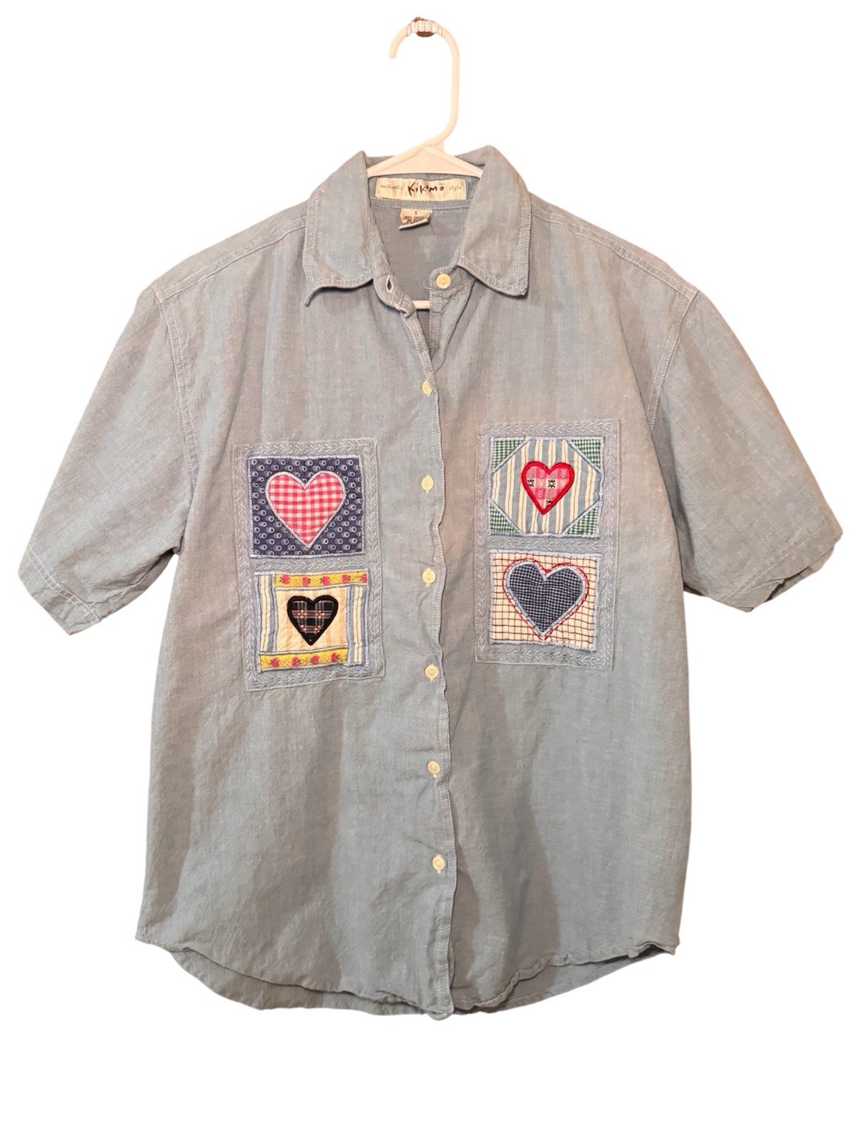 Vintage Kikomo Heart Patchwork Shirt Small Blue Cotton Chambray Cottagecore 90s