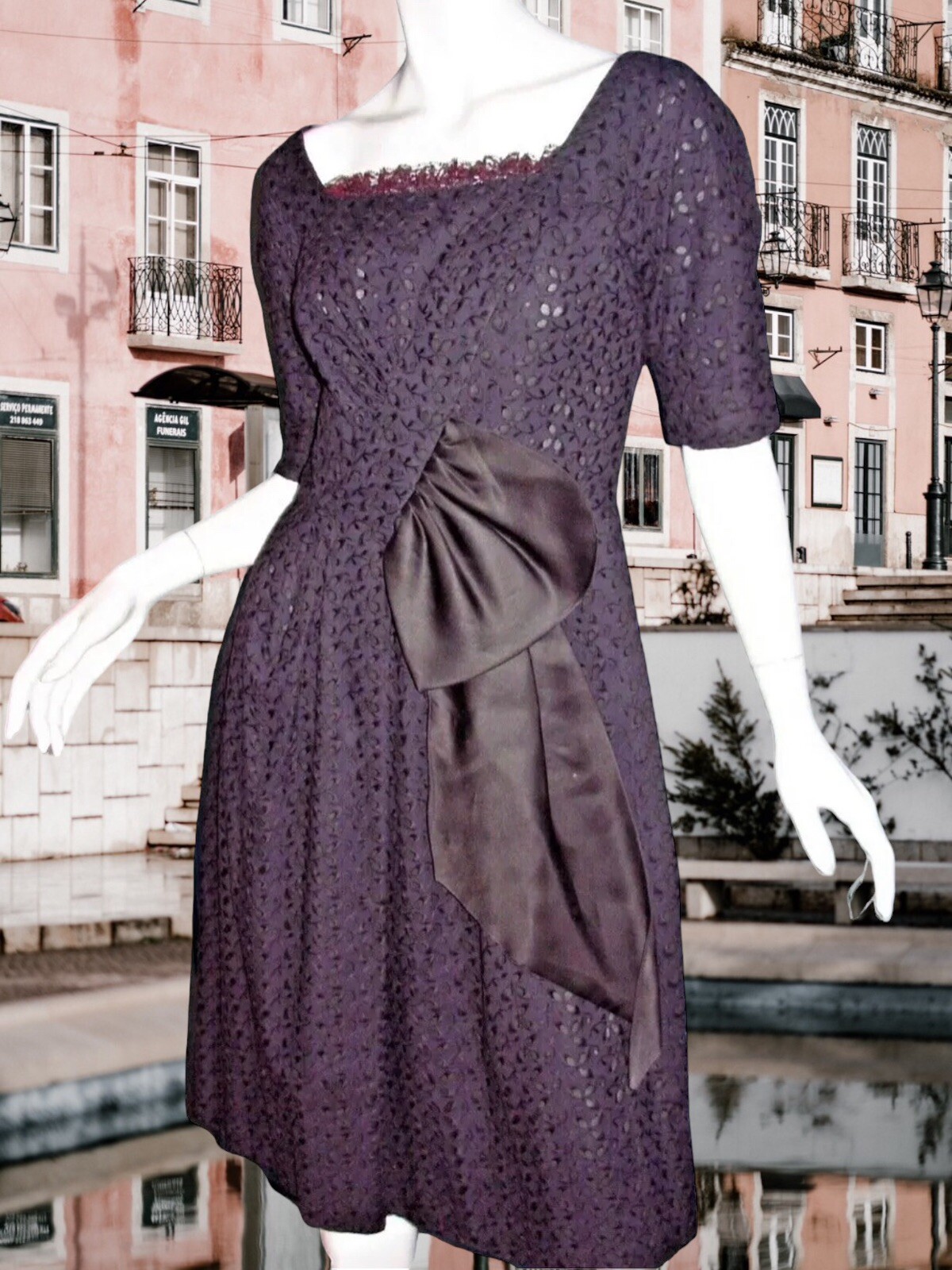 Dress M Vtg 50s Black EYELET Ruffle LACE GIANT BOW Rockabilly GOTHIC PINUP Siren