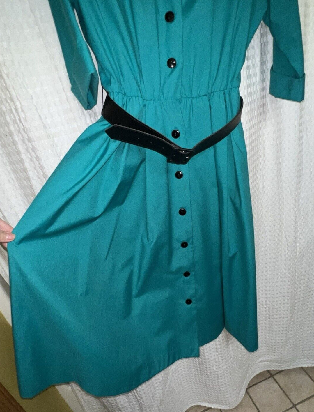 Vintage 1980’s Teal Shirt Dress Shoulder Pads Geometric Excellent Condition