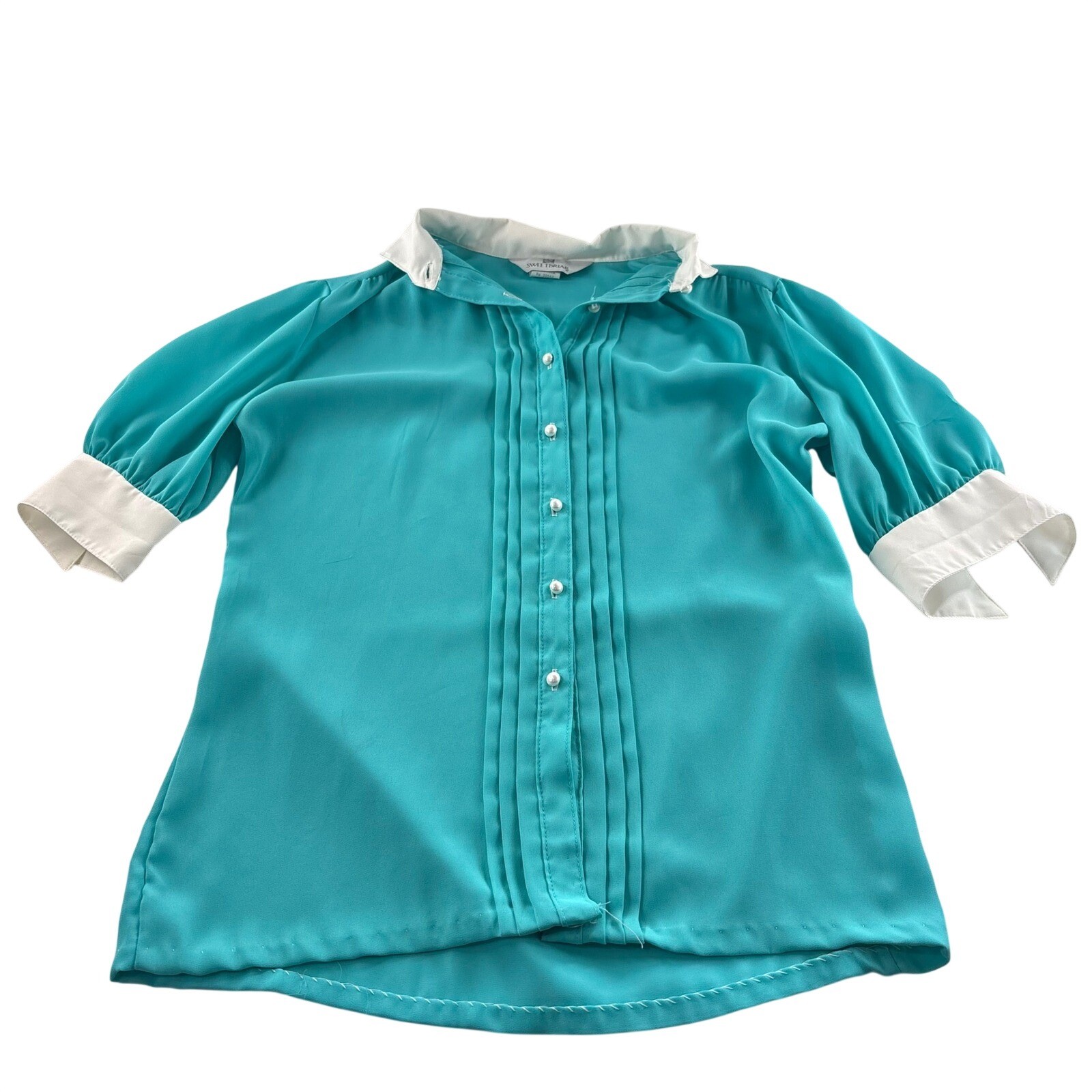 Vintage Sweetbriar Teal Tuxedo Pleated Blouse Pearl Button Contrast Cuff Size 10