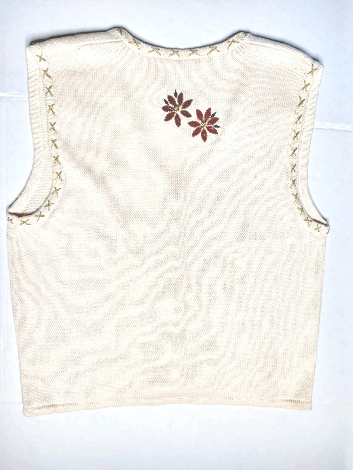 Vtg 90s Bobbie Brooks Poinsettia Holiday Christmas Beaded Metallic Sweater Vest