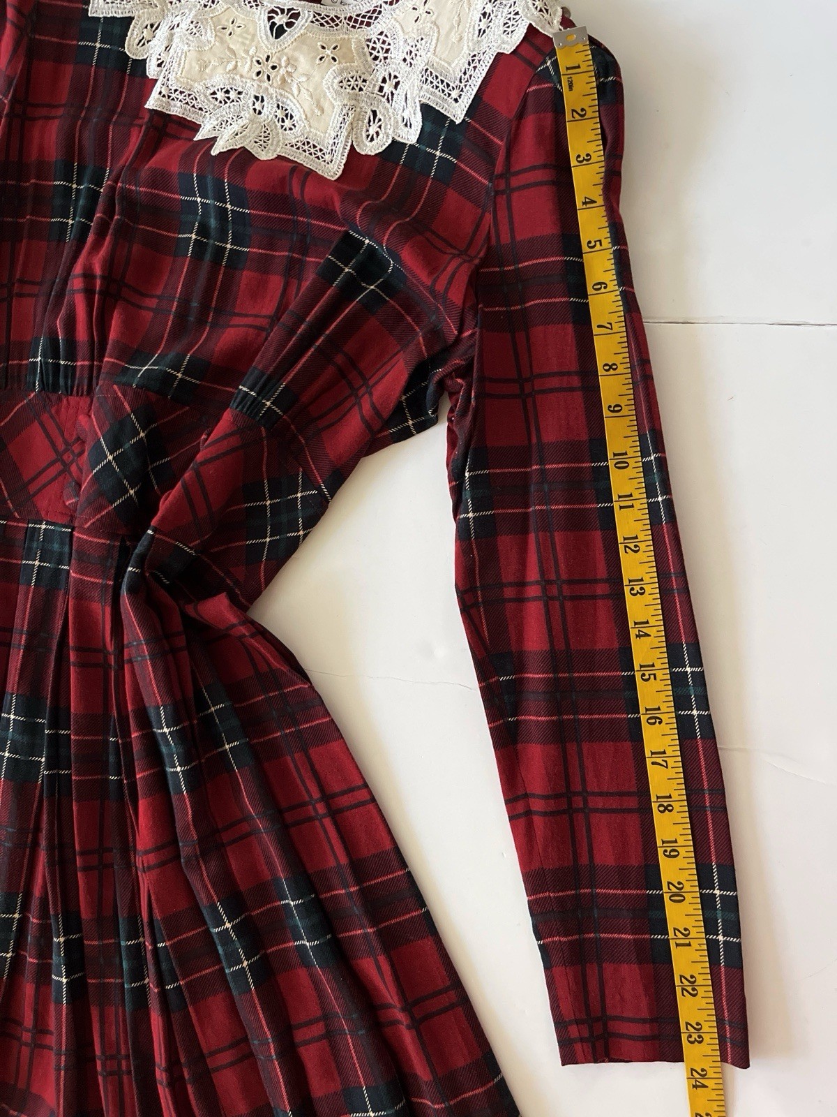 Karin Stevens VTG Dress S/M Petite Red Plaid Pleated Smocked Cottagecore