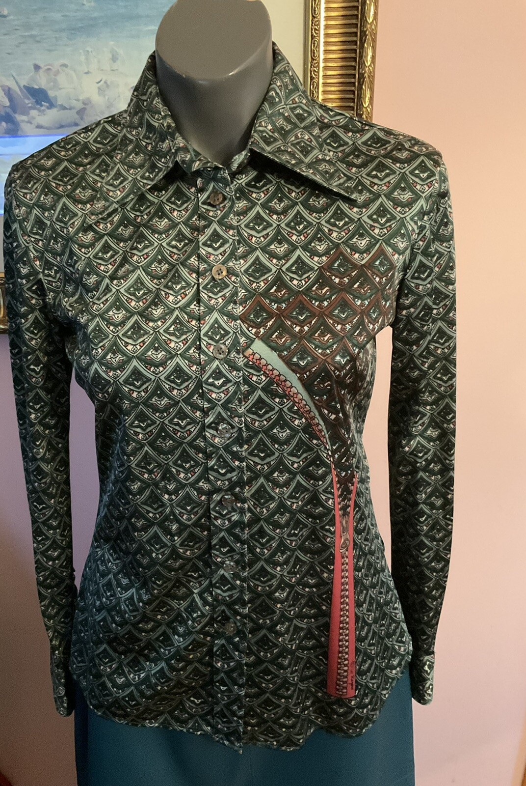 70s Wayne Rogers Shirt Nylon Designer Green Multiprint zipper Graphic M Button