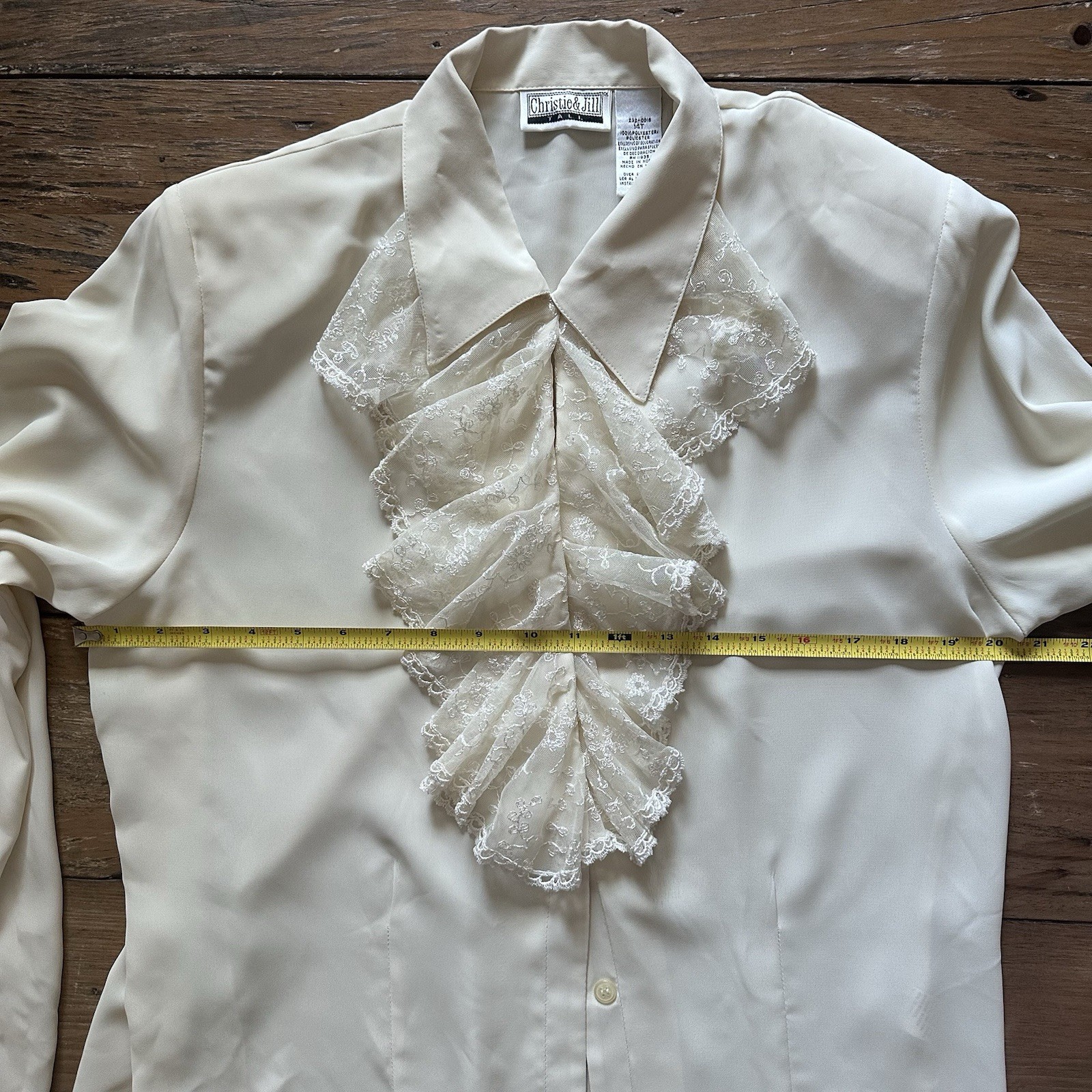 Vtg 80s Christie & Jill Blouse 14T White Lace Jabot Ruffle Secretary Romantic