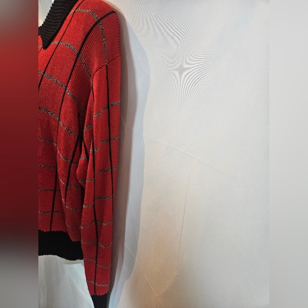 Vintage FIA Italia Red Plaid Zip Front Knit Sweater Cardigan Collared Size L