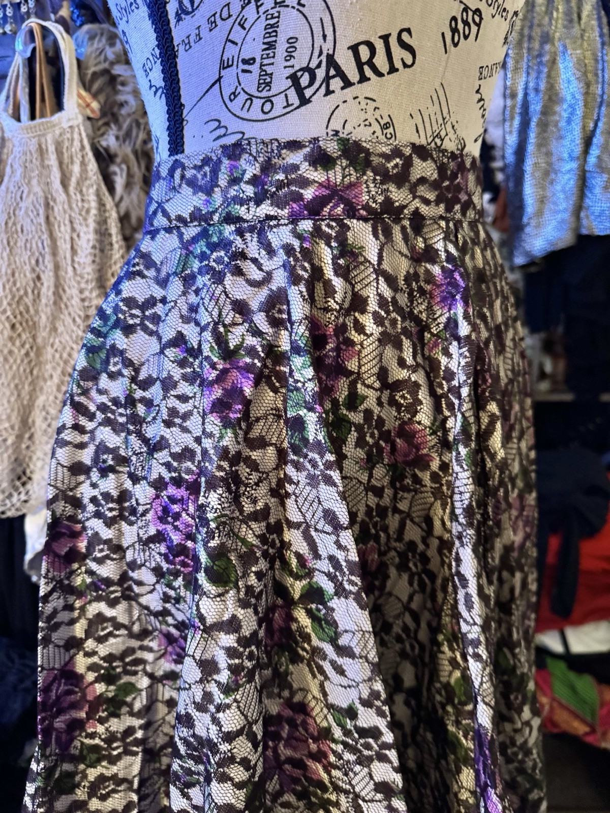 Vtg 50s Full Sweep Skirt Floral Lace Overlay Circle One Pocket Zipper S 26W