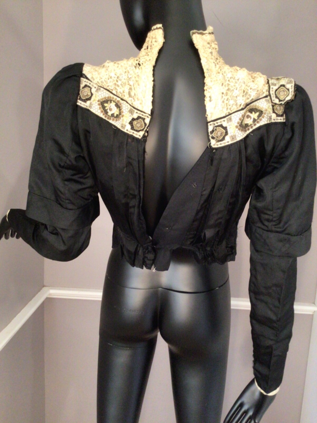 Authentic Vintage Black Silk Faille Gibson Girl Era Bodice (E-12)