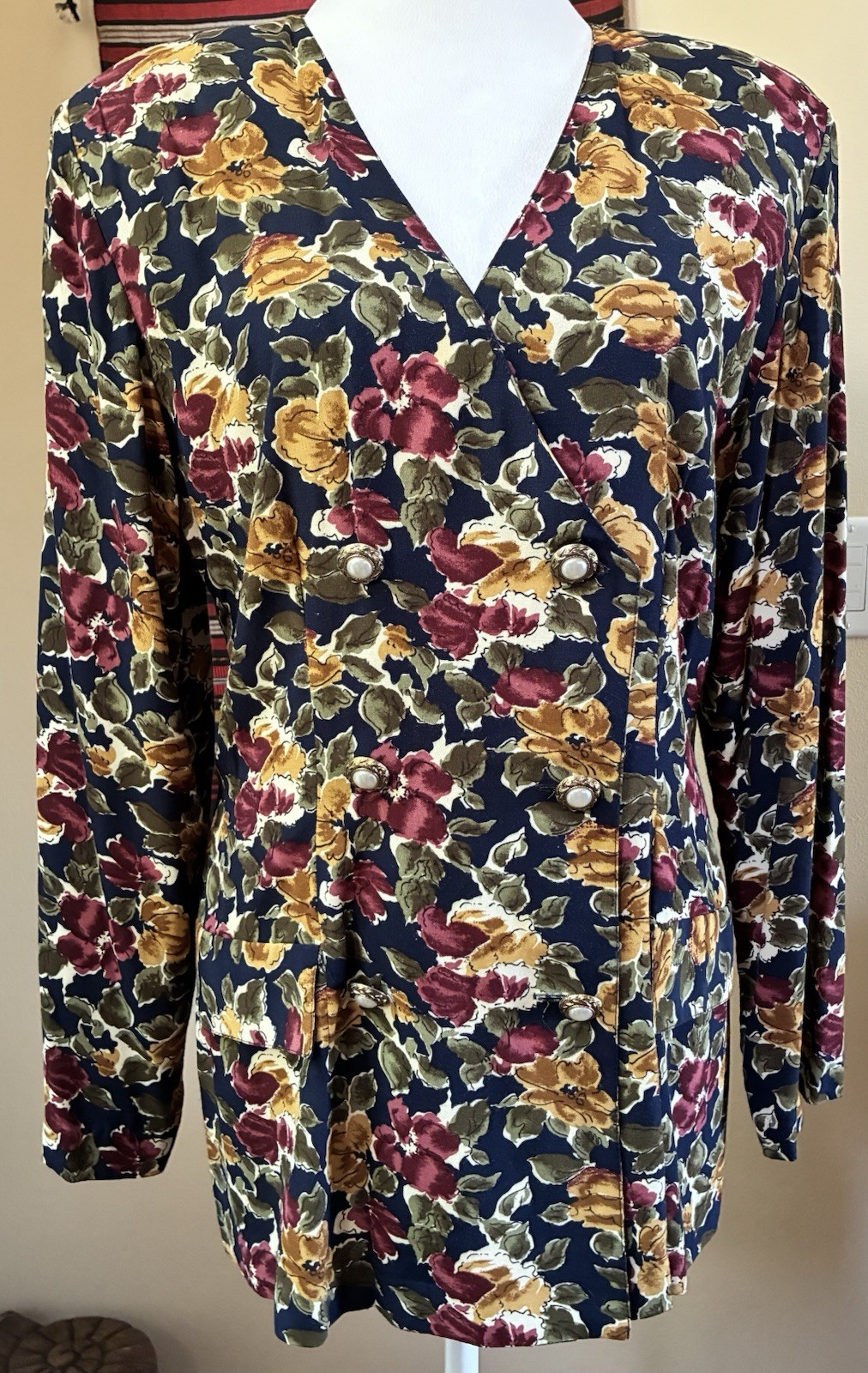 Vintage 90s Wrapper Rayon Navy Floral Double Breasted Jacket Blazer USA Made M