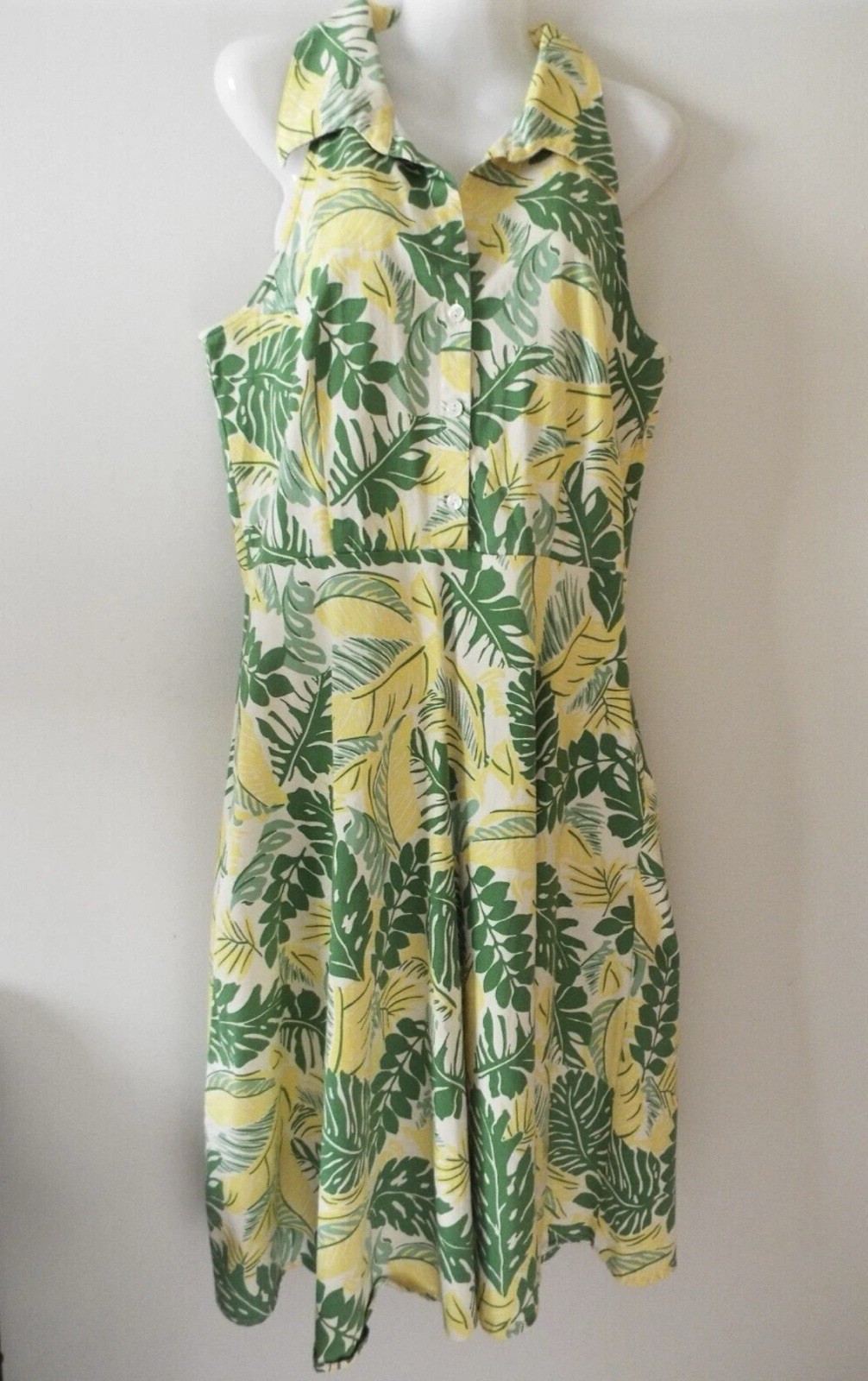 Vintage 1990s Women’s DBY Yellow & Green Leaves Fit & Flare Dress Size 7/8