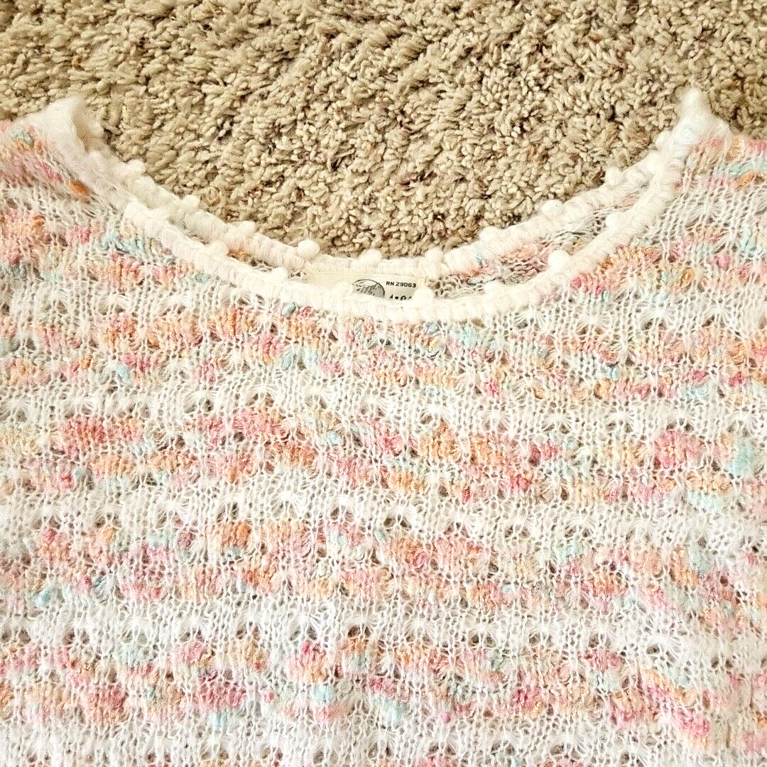 Vintage Womens Open Knit Sweater Large Feminine Coquette Pastels Puff Sleeves