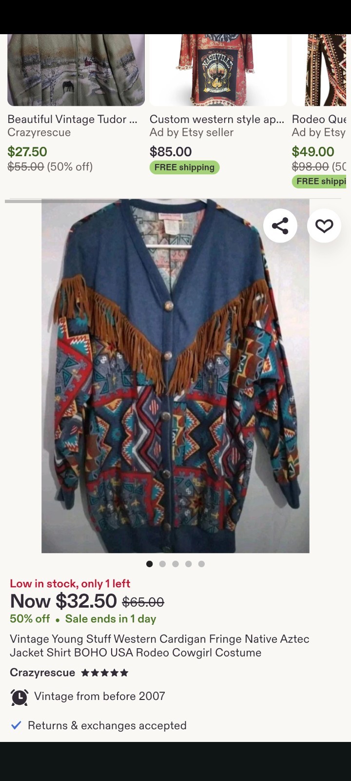Young Stuff Vintage 80s Southwest Cowgirl Cardigan Suede Fringe L-2XL