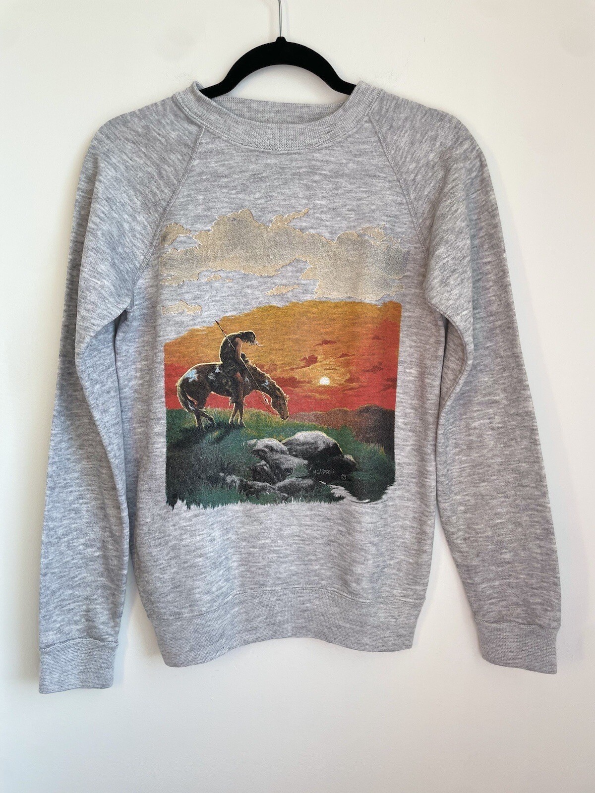 Vintage S 80s Sweatshirt Crewneck Heather Grey Native American Horse EUC