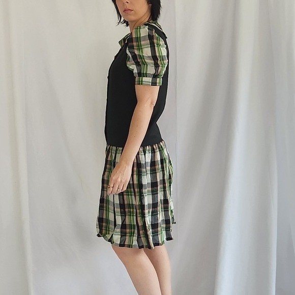 70s Black, Green, and Pink Plaid Drop Waist Dress