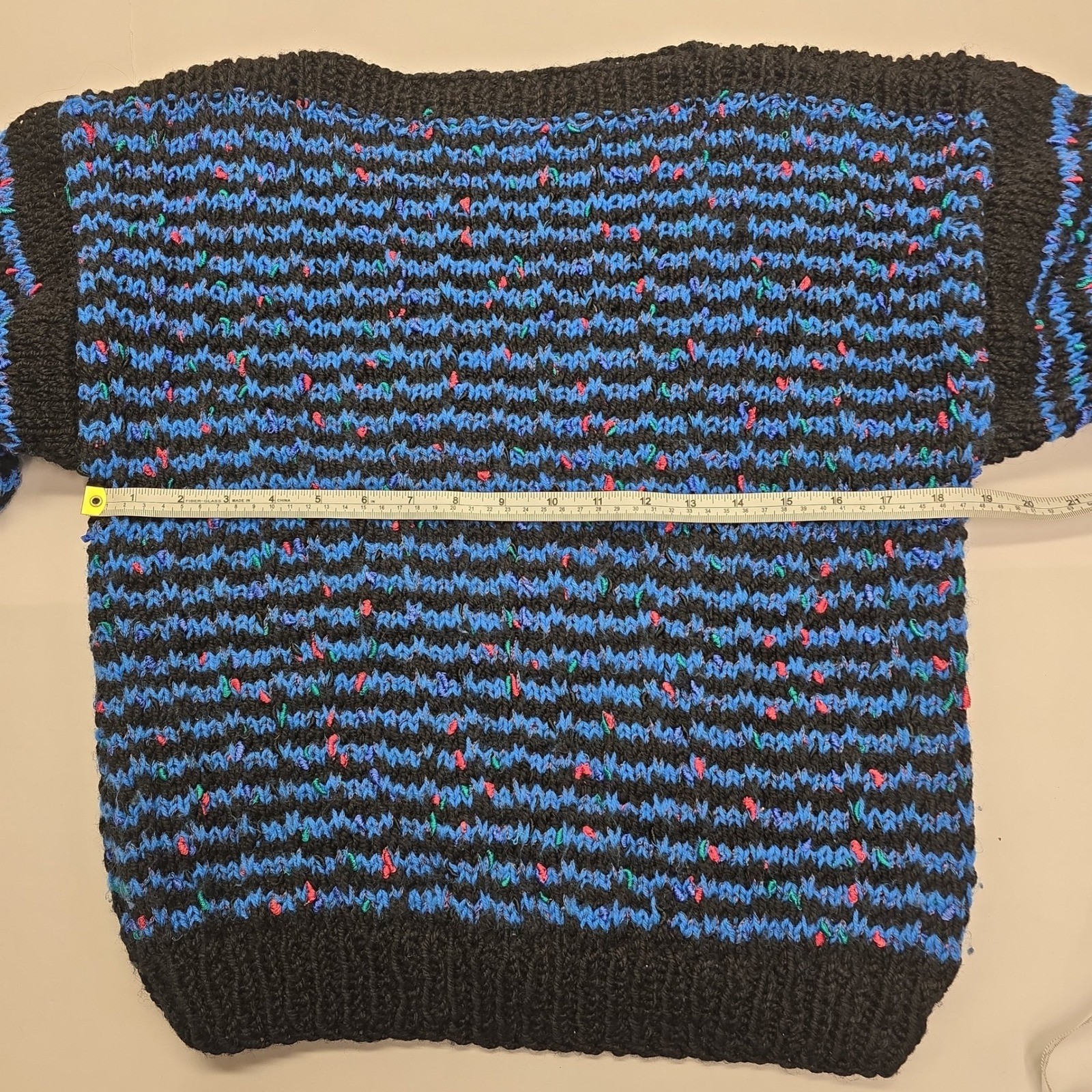 Vintage Hand Knit Striped Pullover Sweater Blue Black Pink Confetti Speckled