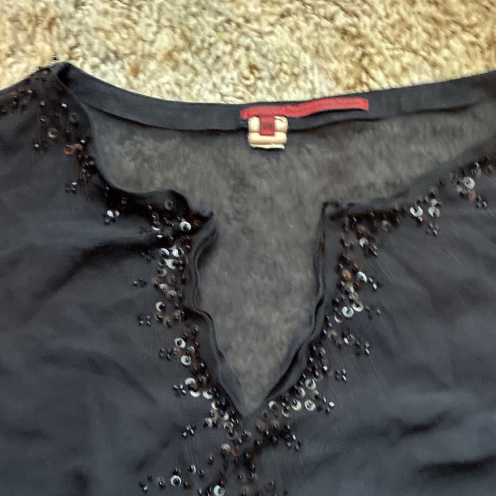 Tape Measure/Woman Black 100% Silk Blouse Size 16W With Breaded Collar