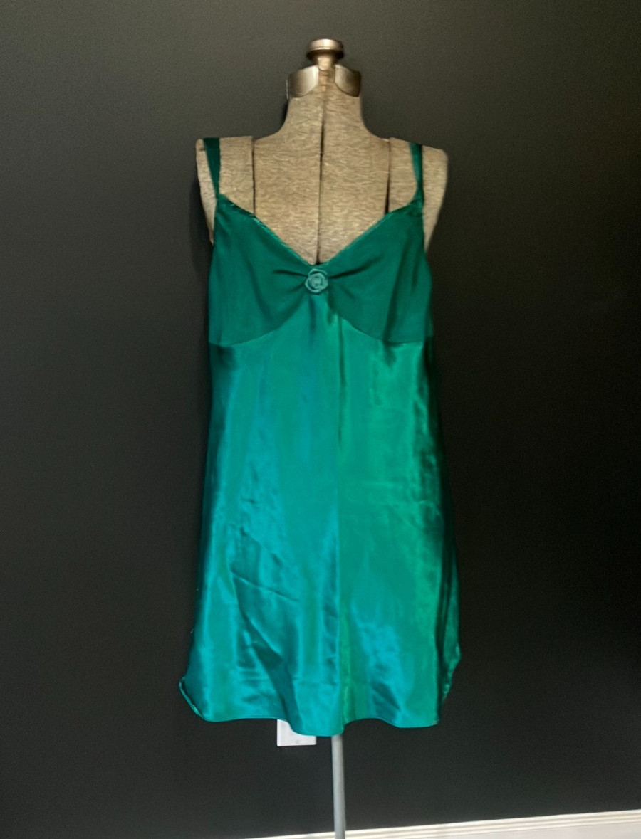 Vintage Adonna Green Satin Slip NIghtwear Dress Size 34 1990s 2000s