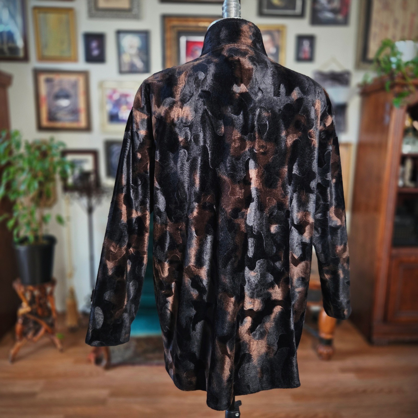 Elnora Faux Fur Jacket Vintage 90s Brown Black Abstract Plush Zip Coat Large