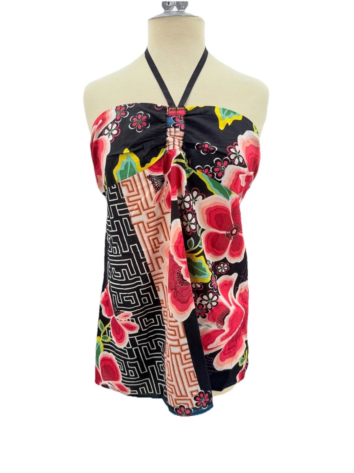 Vintage 90s Y2K Halter Top Black Red Tropical Beach Print Cotton Large JW Style