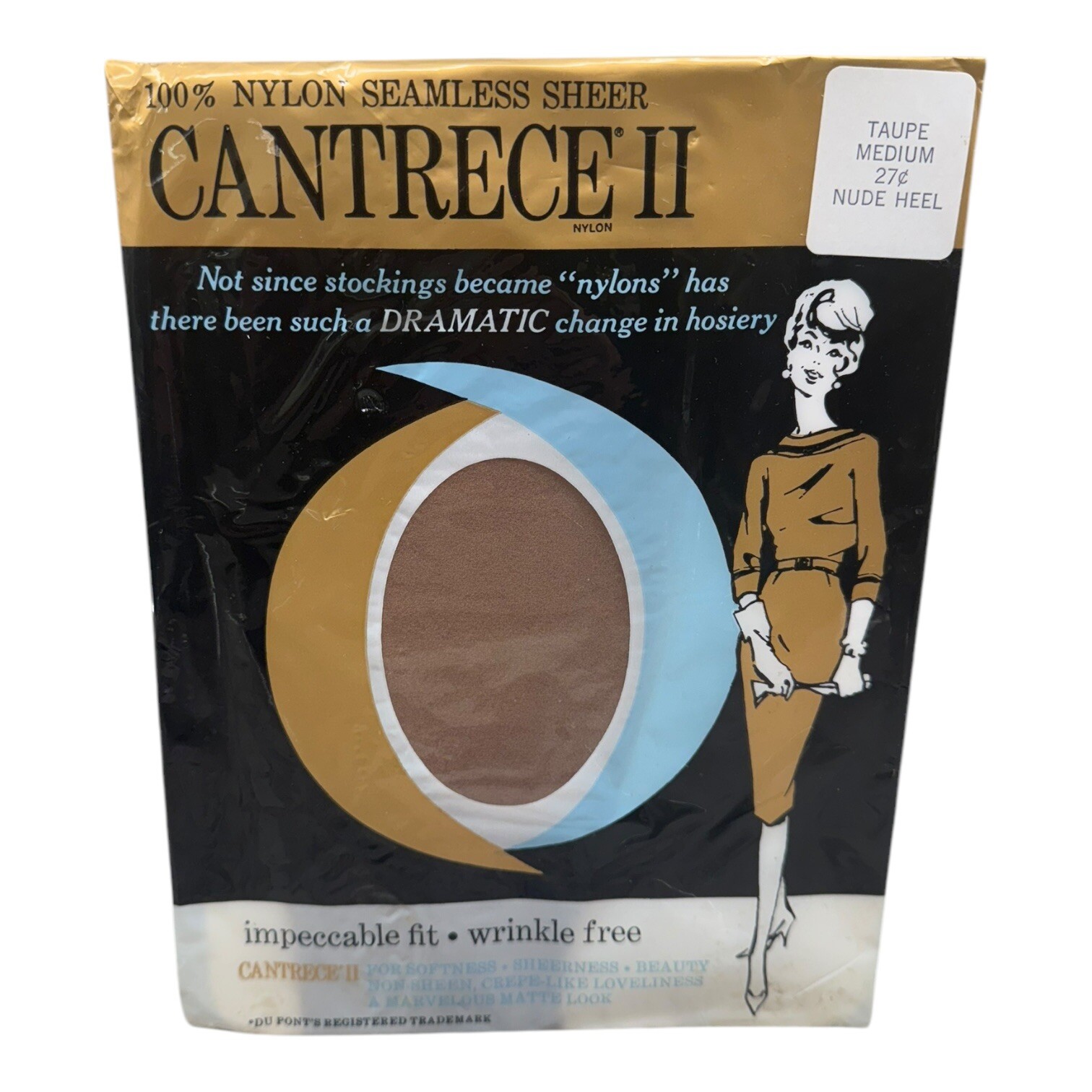 Vintage 1965 CANTRECE II Nylon Seamless Sheer Stockings Tan Medium Nude Heel