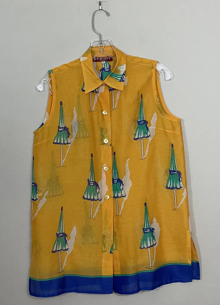 Vintage ICHTHYS Monte Carlo Sz 42 Sleeveless Top Umbrella Coastal Retro Vacation