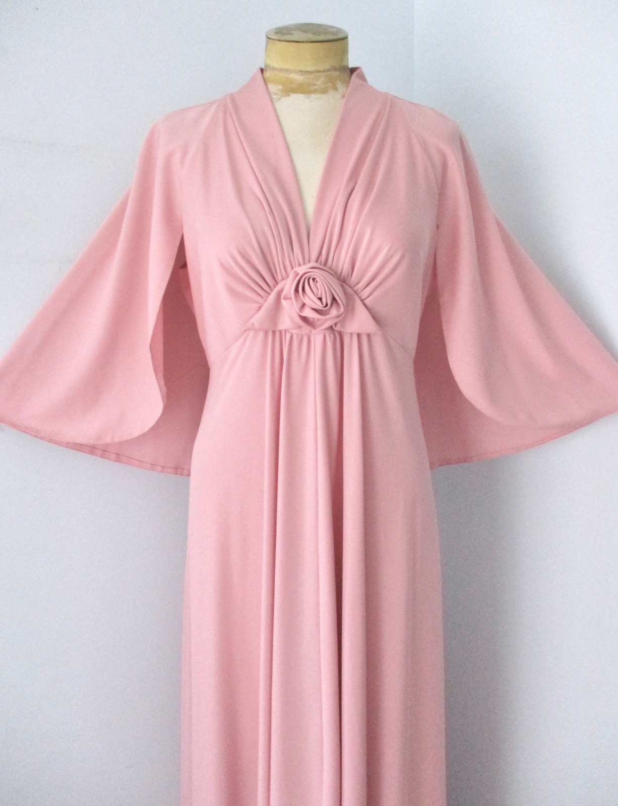 Vtg 70s Lorrie Deb Rose Pink Maxi Hostess Formal Empire Dress Cape Rosette S/M