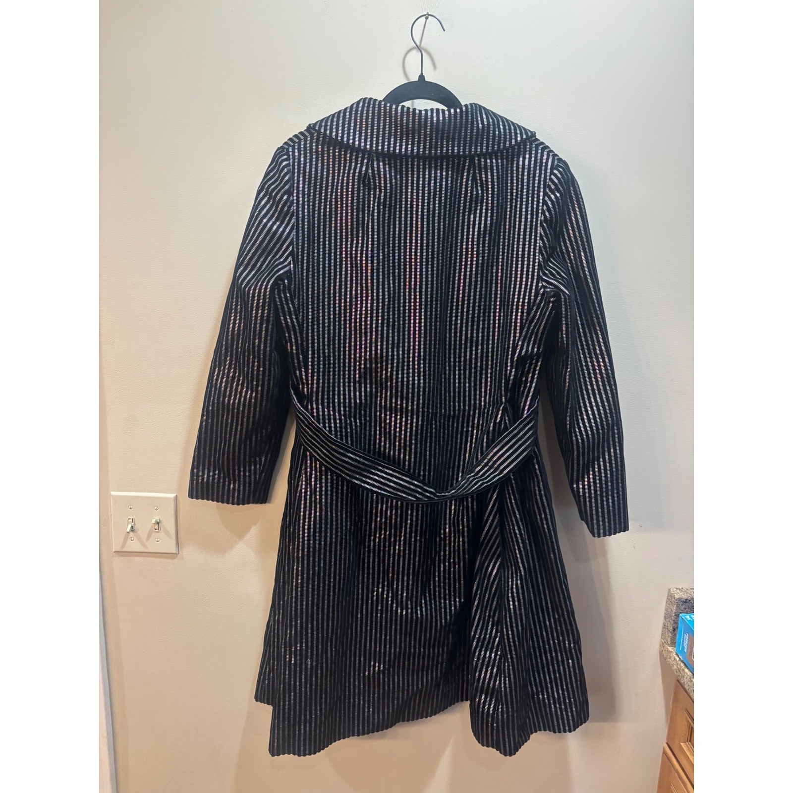 Vintage Count Romi Metallic Silver Black Striped Trench Coat Belted Size 16