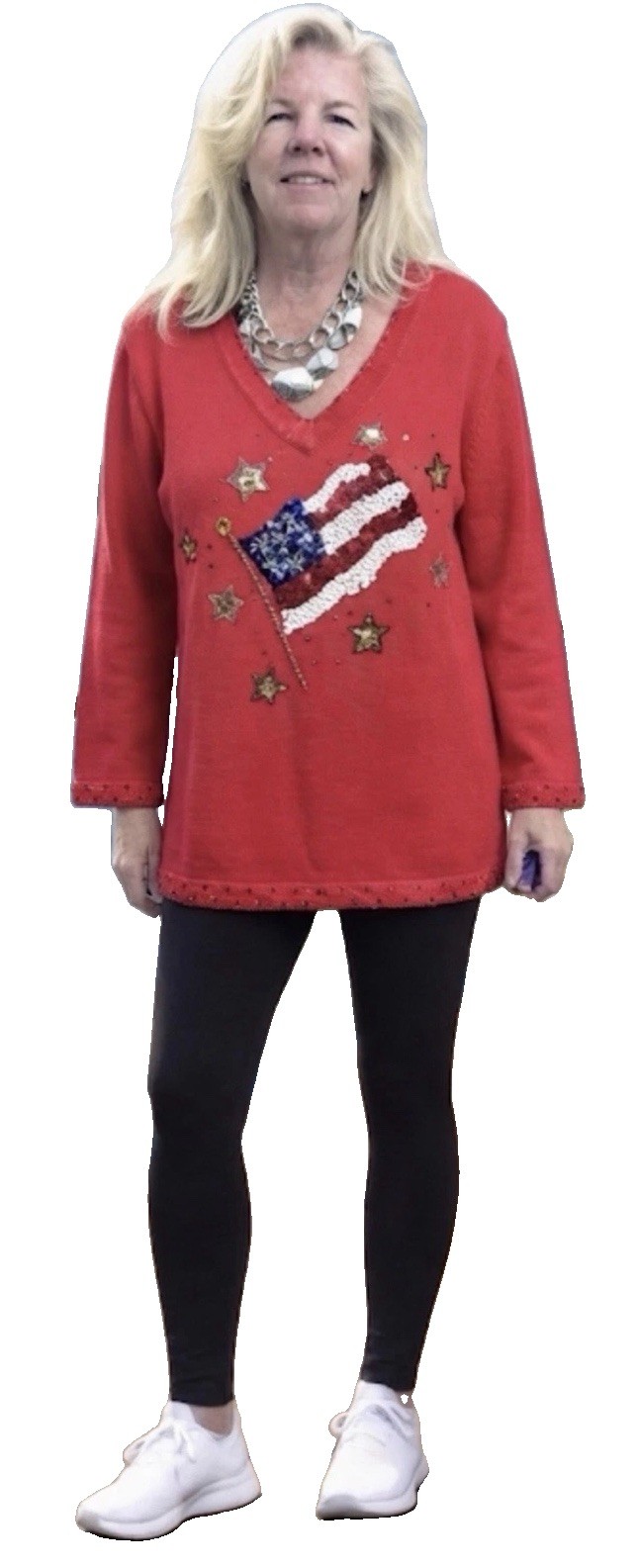 USA Flag Sequin Sweater Quacker Factory L Red New Tags Celebrate Patriotic Stars