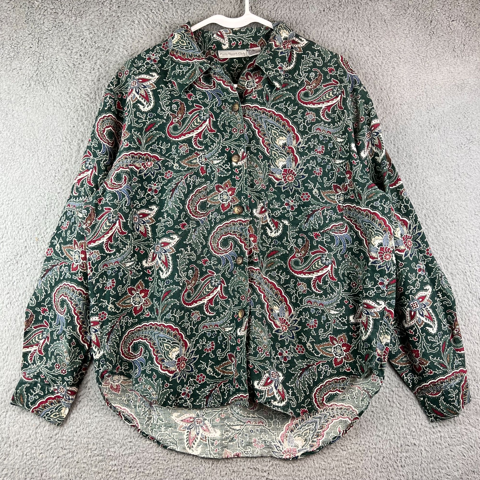 Vintage 80’s Paris Sport Club Women’s parsley Floral Camp Shirt Sz Medium