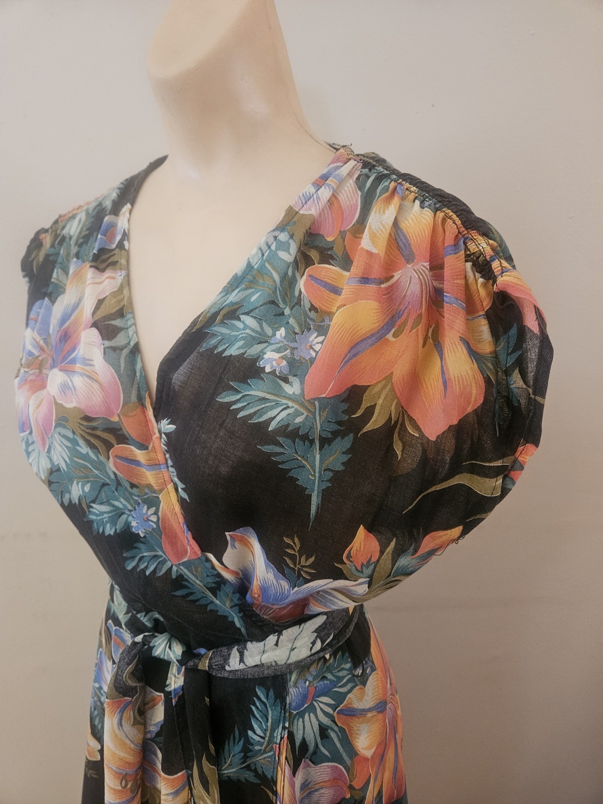 Vintage 1940s Cotton Voile Hawaiian Floral Black Tiered Wrap Dress