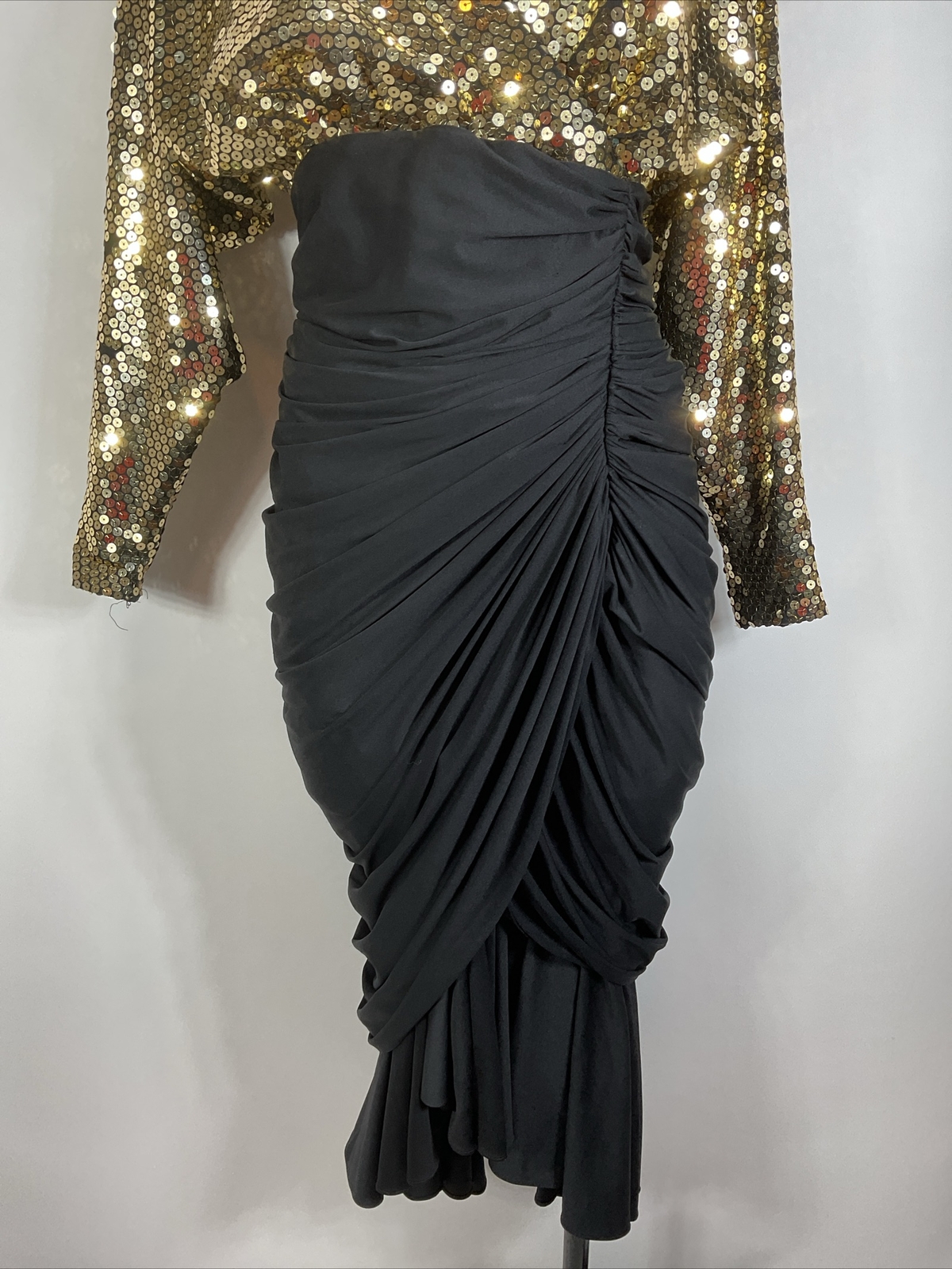 Tadashi VTG Formal Gold Sequin Ruched Draped Cocktail Party Dress Holiday NYE
